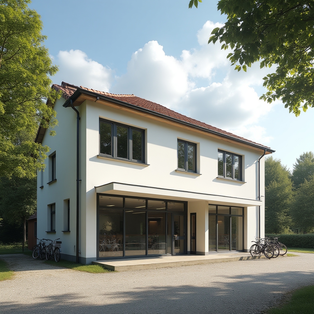 Small commercial office building exterior in Central Bohemia surrounded by trees under bright daylight