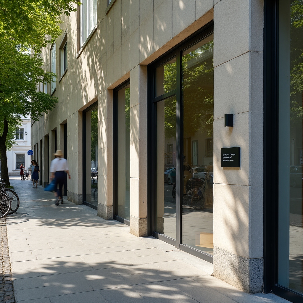 Modern office building entrance on Botanická street in Brno with glass doors and daytime natural light