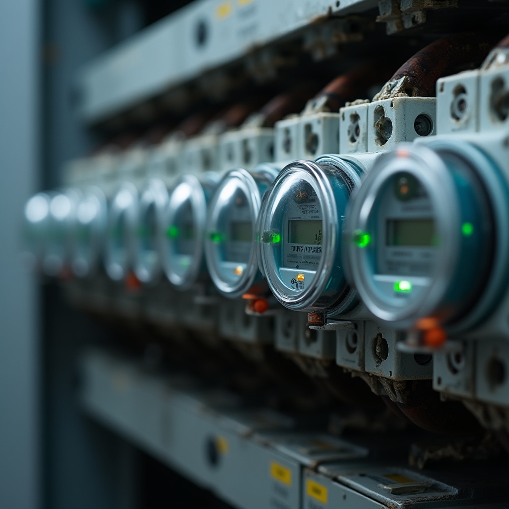 Close-up of a three-phase electrical distribution board fitted with several circuit-level smart meters