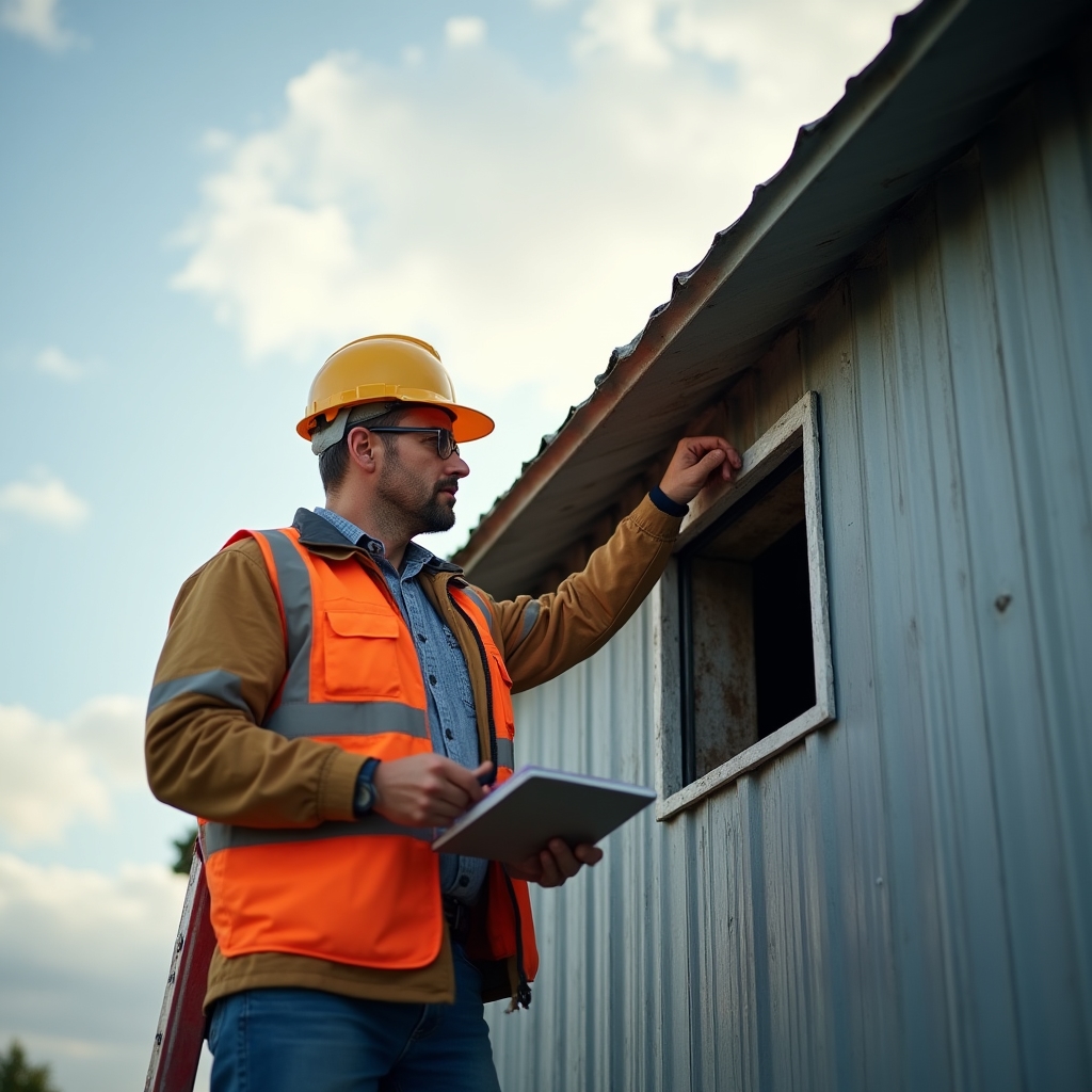 Engineer inspecting the roof insulation and ventilation openings of an agricultural building from a ladder