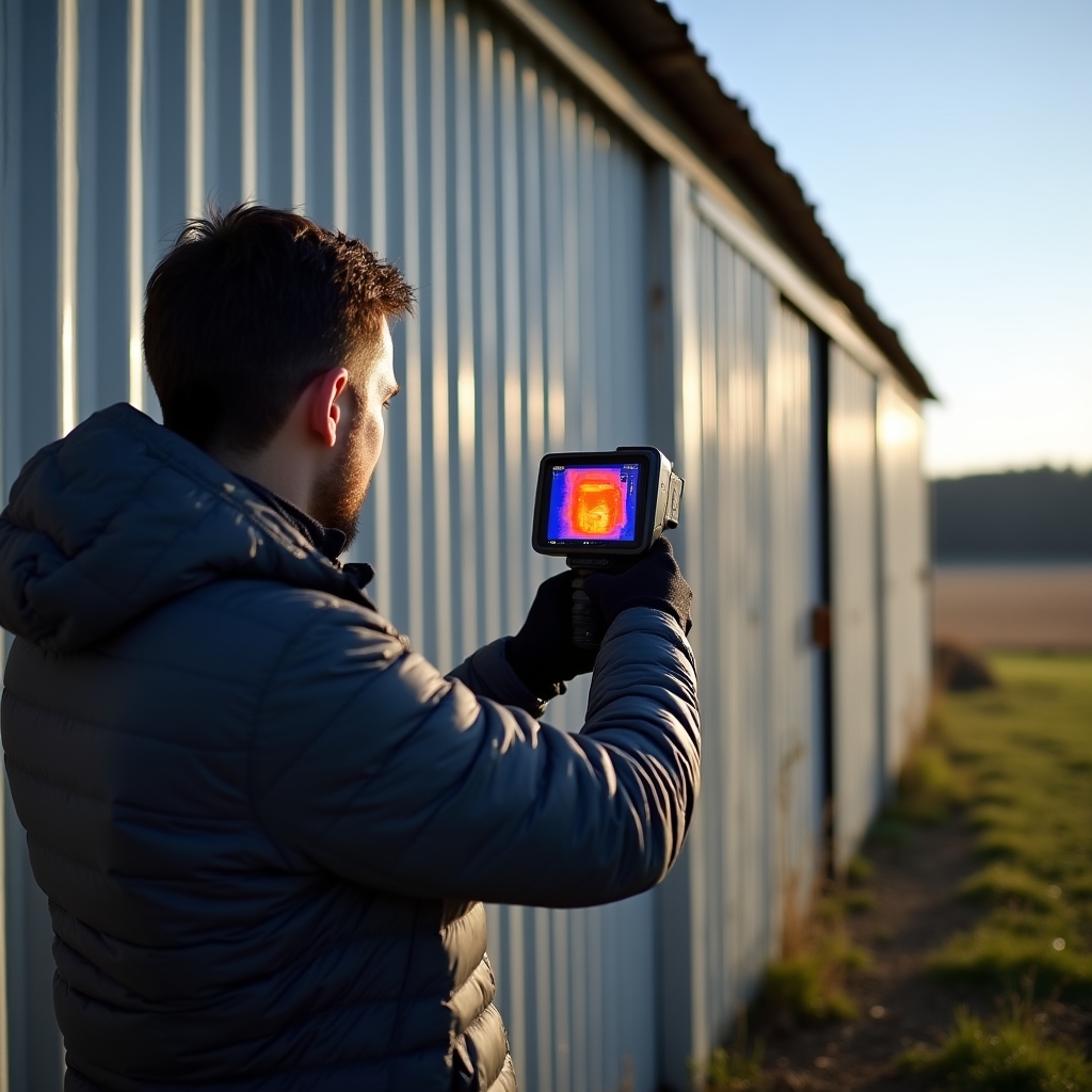 Technician holding a thermal imaging camera outside a farm storage building, screen showing a heat gradient across the wall