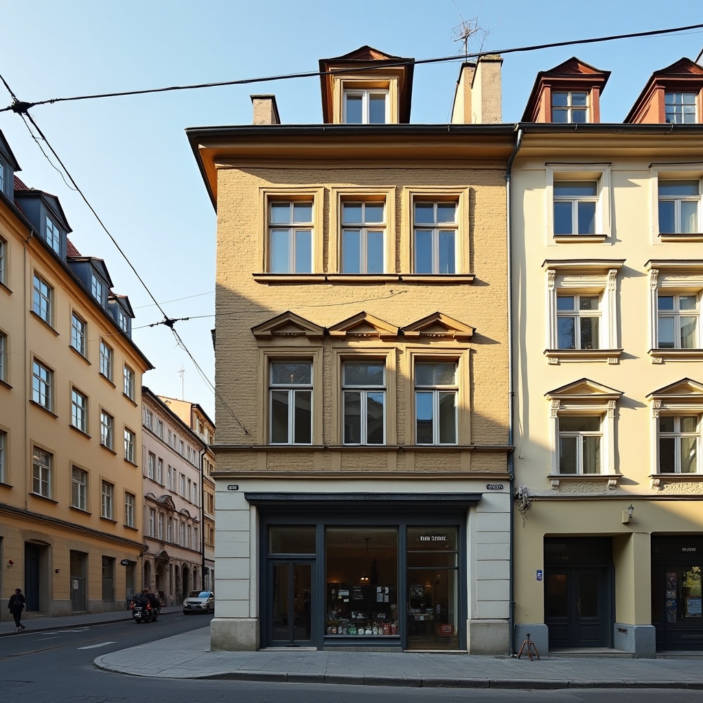 Mixed-era commercial building facade in Prague showing different window and wall sections from separate renovation periods