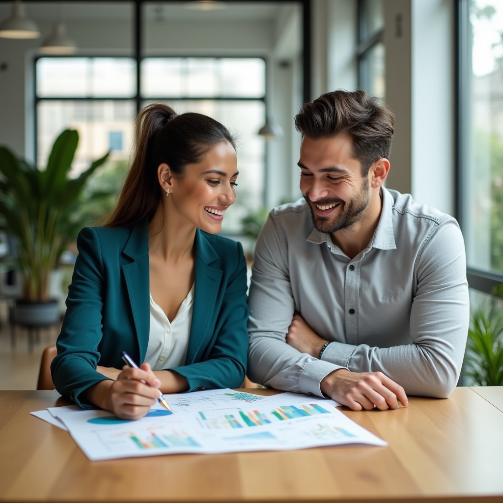 Two consultants reviewing an energy consumption report together at a bright office table